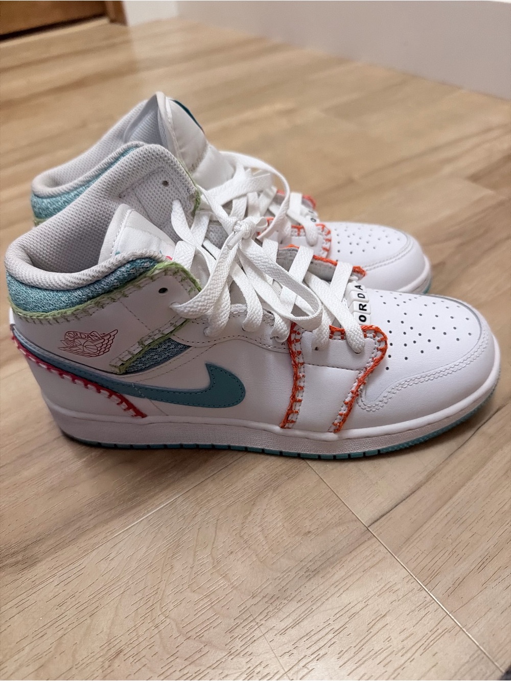 Air Jordan 1 Mid White with Teal & Multicolor Stitching